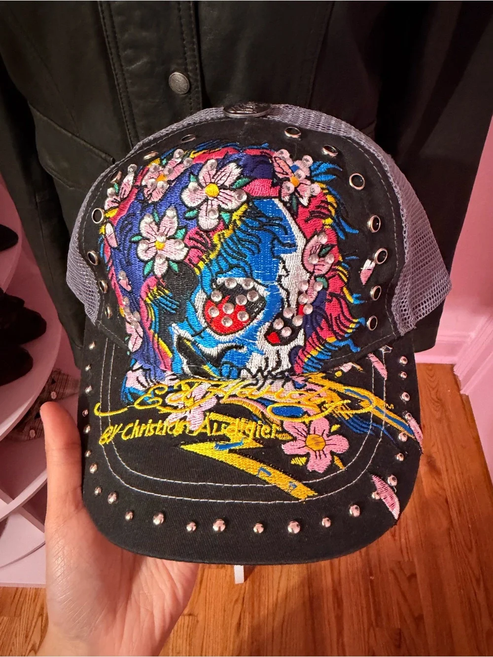 Vintage Ed Hardy Trucker Hat Mesh Skull Floral Graphic Print Rhinestone One Size